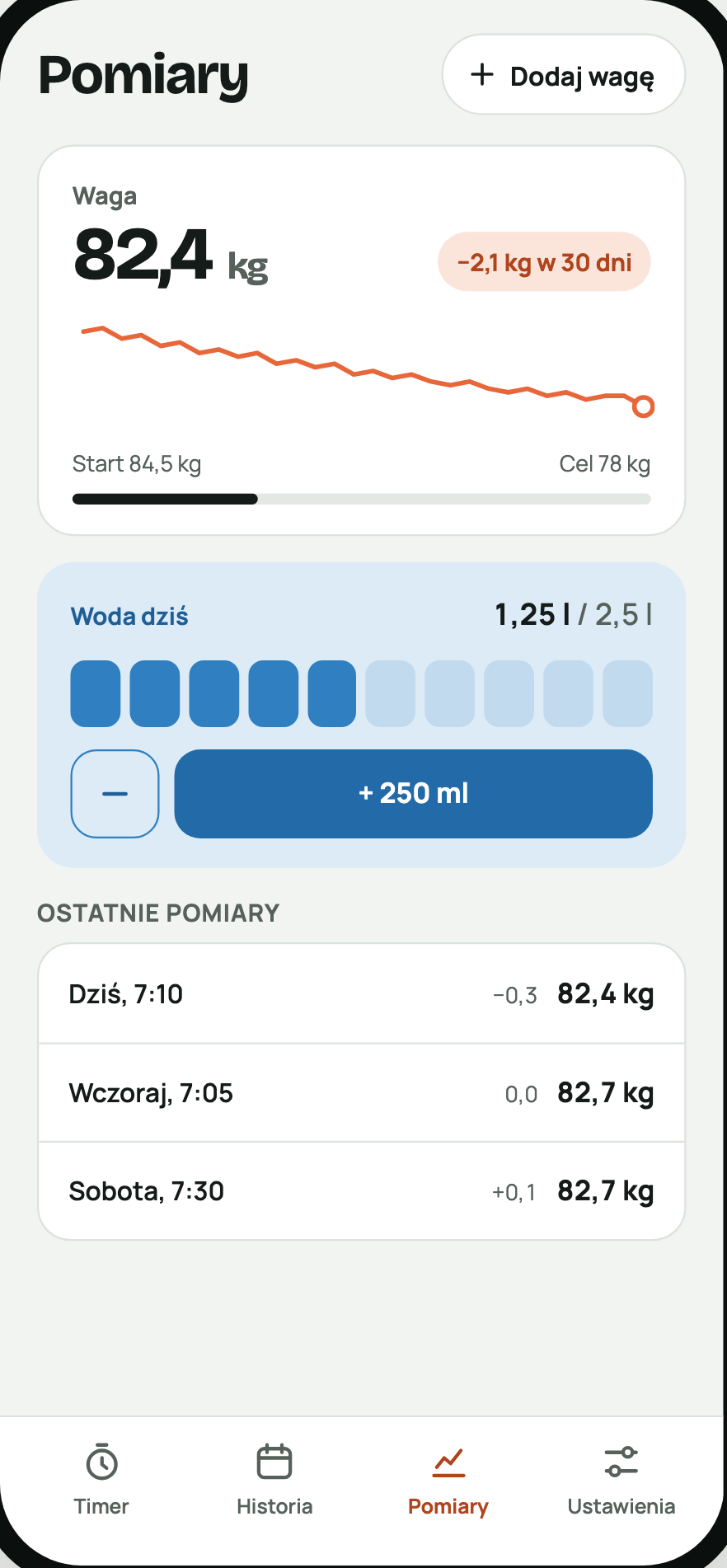 Ekran aplikacji: Woda i waga